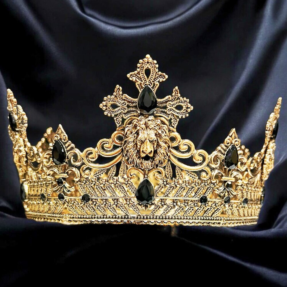 Vintage Lion King Crown, Black Crystal Crown for Groom, Prom Crown, Gold Crown
